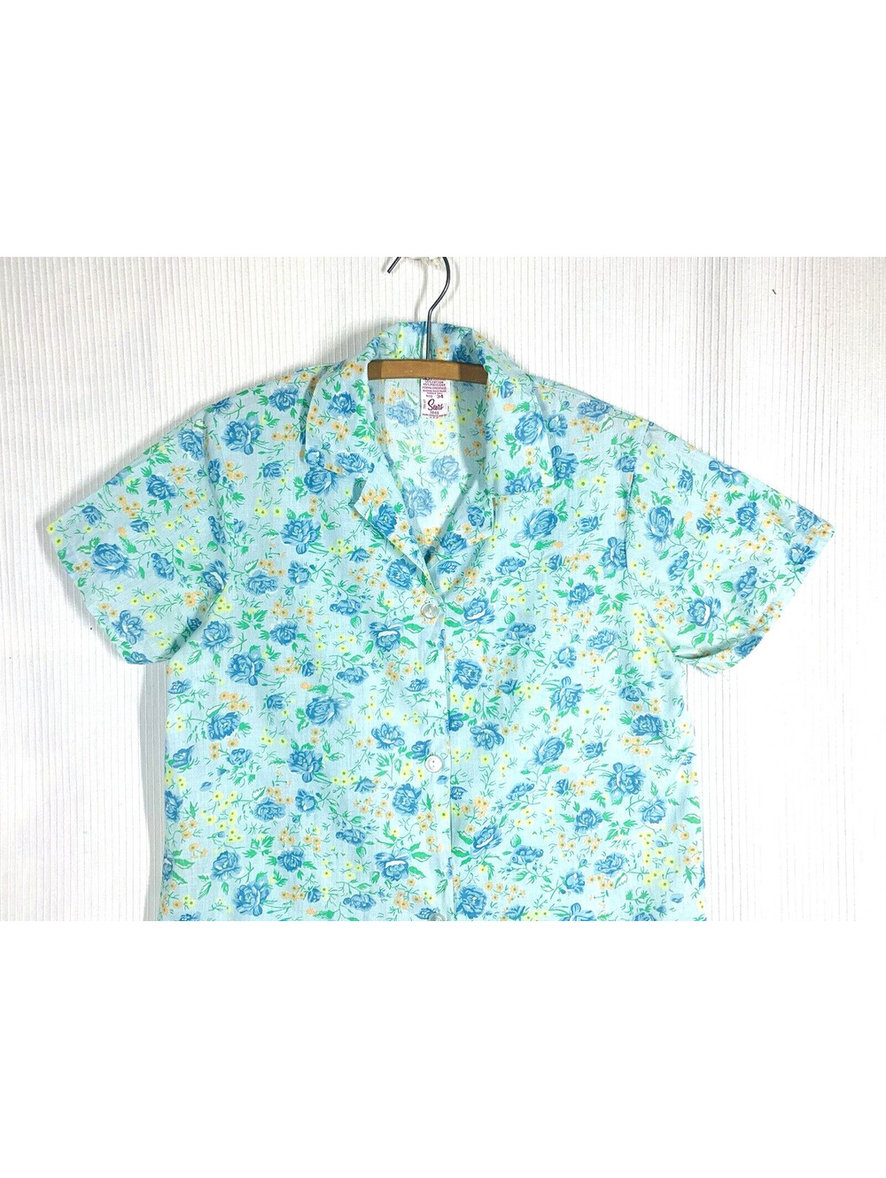 Vtg 60s Blue Rose Print Shirt M L Cotton Blend Retro Collar Sears Perma Smooth - Picture 2 of 7